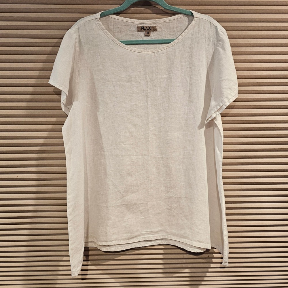 FLAX Womens White 100% Linen Short Cap Sleeve Boxy Blouse Top Size M‎